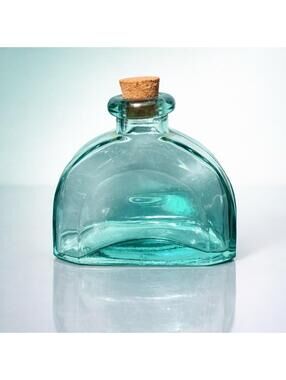 Spain Vintage 1980s Aqua Recycled Glass Cruet Apothecary Bottle Cork Stopper, 4”
